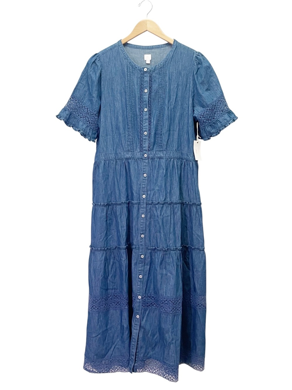 NWT Gap x LoveShackFancy Denim Tiered Midi Dress L Dark Wash Lace Button Front - Picture 2 of 16